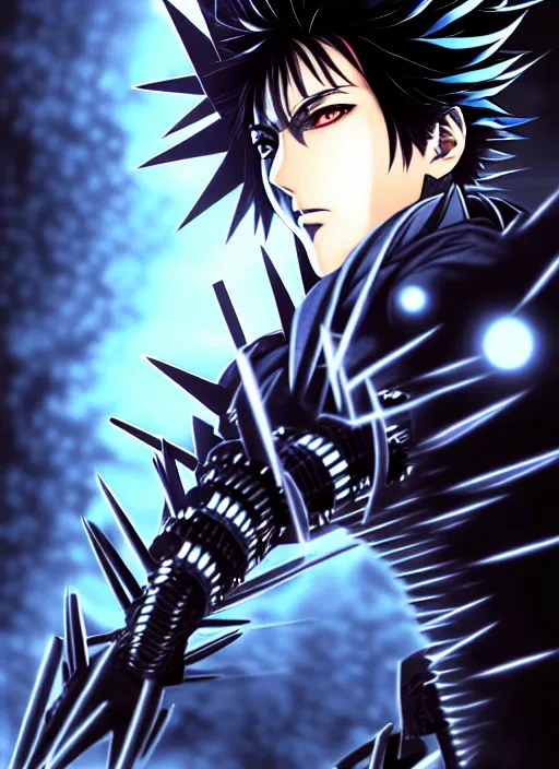 Image similar to a detailed manga full body portrait illustration of a dark spiky haired cyborg anime man surrounded by dark steam by hirohiko araki, detailed artwork, realism, 4 k resolution, detailed, high quality, sharp focus, hq artwork, insane detail, volumetric lighting, character concept art, fine details, clear subject, central subject