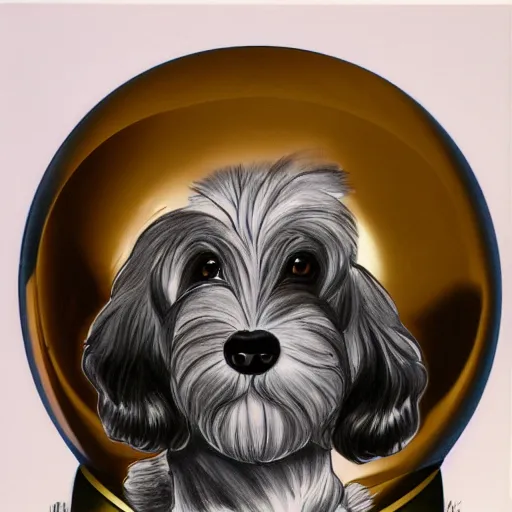 Image similar to self portrait of a havanese dog reflecting into a chrome sphere, 1 9 5 0 s desk and office in the background, pen on paper, by mc escher