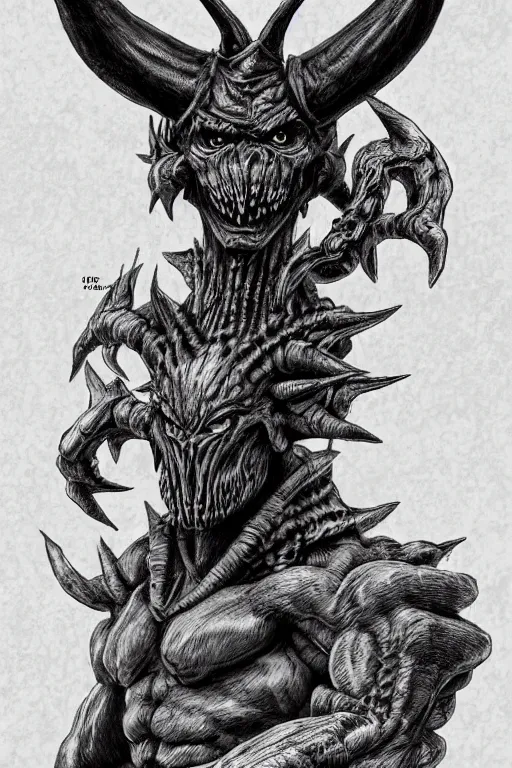 Image similar to humanoid figure monster with horns, highly detailed, digital art, sharp focus, trending on art station, kentaro miura manga art style