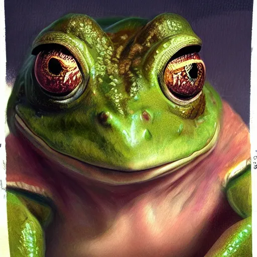 Prompt: close up portrait of a female frog princess, hyper detailed, by greg rutkowski, in the style of magic the gathering