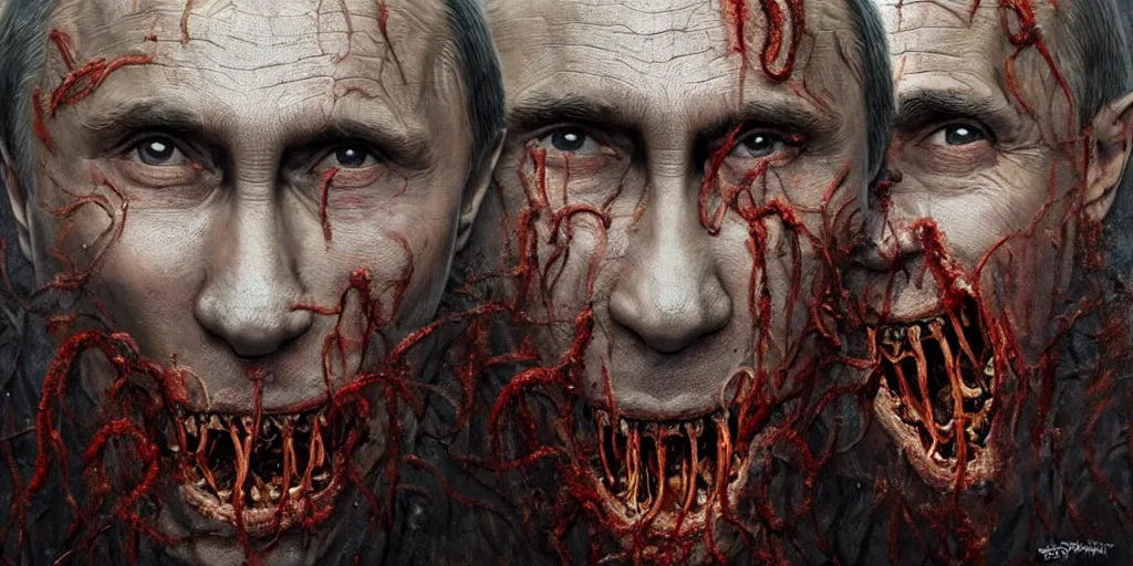 Image similar to highly detailed surreal portrait of vladimir putin's face is eaten by worms, in the background an army of zombies with their mouths sewn shut with wire in the shape of the letter z, style of greg rutkowski and ralph horsley, photorealistic, hyperdetailed, matt painting, digital art, non blurry, sharp, artstation, concept art, smooth, illustration