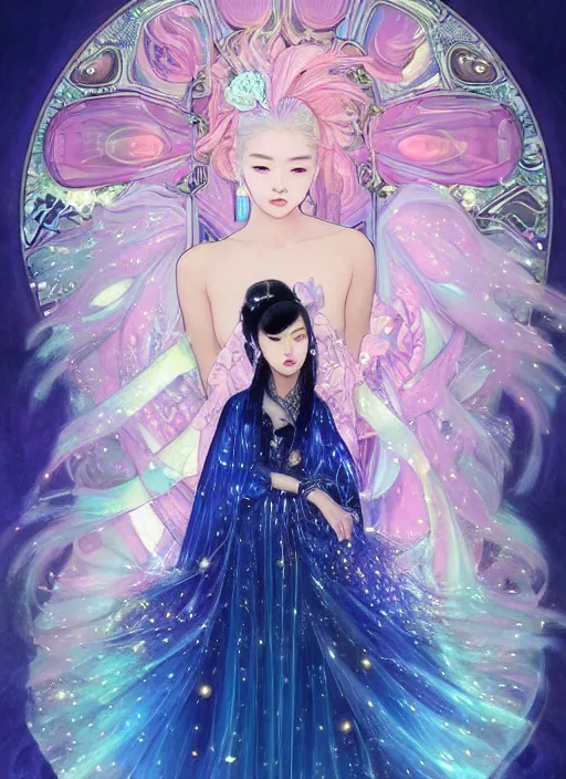Image similar to Kim Ji-soo from Blackpink as magical celestial princess wearing luxurious futuristic chic slim pearlescent dress, bright gold eyes, peaceful expression, fantasy, intricate pink and royal blue dress, captivating, seductive look, accurately portrayed, portrait art by James Jean and Alphonse mucha, highly detailed, digital painting, concept art, illustration, multiversal paradise shining rgb luxurious lights, trending on artstation, very detailed, smooth, sharp focus, octane render, close-up