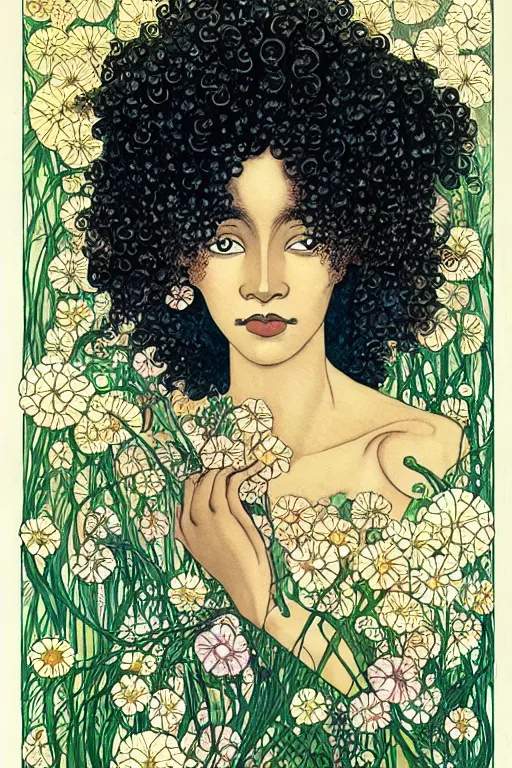 Prompt: realistic face of serene black woman with curly hair with flowers growing around, flower frame, detailed art by kay nielsen and walter crane, illustration style, watercolor