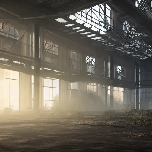 Prompt: abandoned industrial factory interior, volumetric light scattering, light filtering, dustlight, god rays, dust, digital art, trending on artstation