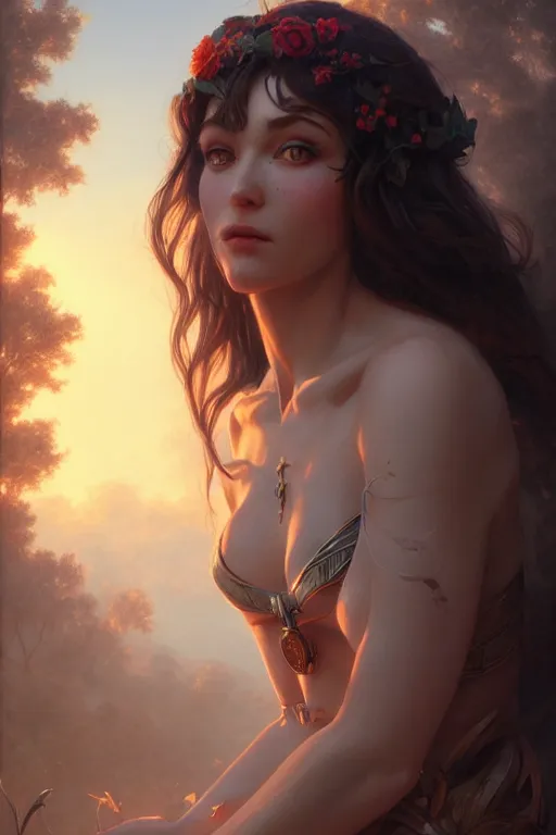 Image similar to goddess of the summer twilight, highly detailed, digital painting, artstation, concept art, smooth, sharp focus, illustration, unreal engine 5, 8 k, art by artgerm and greg rutkowski and edgar maxence