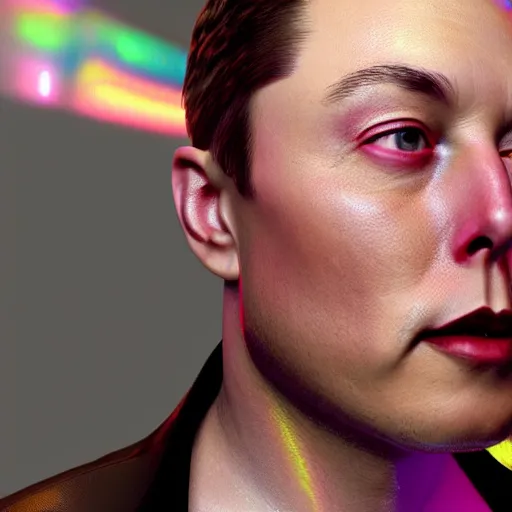 Image similar to 3d render of Elon Musk as a holographic human robotic head made of glossy iridescent, surrealistic 3d illustration of a human face non-binary, non binary model, 3d model human, cryengine, made of holographic texture, holographic material, holographic rainbow, concept of cyborg and artificial intelligence