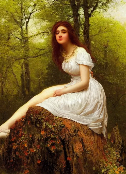 Prompt: closeup portrait of an attractive young lady wearing a floral dress, sitting on a treestump in the woods, by Jean-Leon Gerome