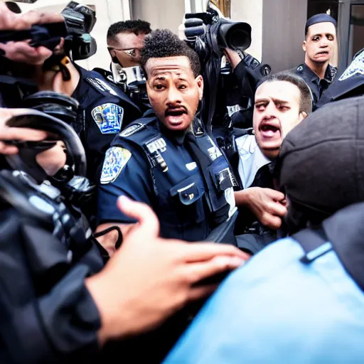 Image similar to rapper leaving a police station surrounded by paparazzi and fans after being arrested, ultra realistic, photorealistic, dynamic light, symmetry faces, cinematic