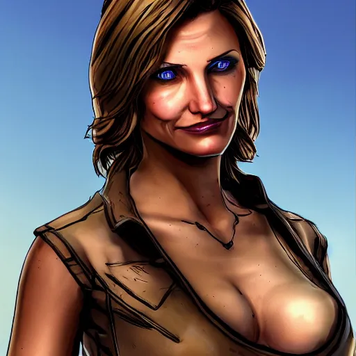 Prompt: cameron diaz portrait, borderlands, tales from the borderlands, the wolf among us, comic, cinematic lighting, studio quality, 8 k