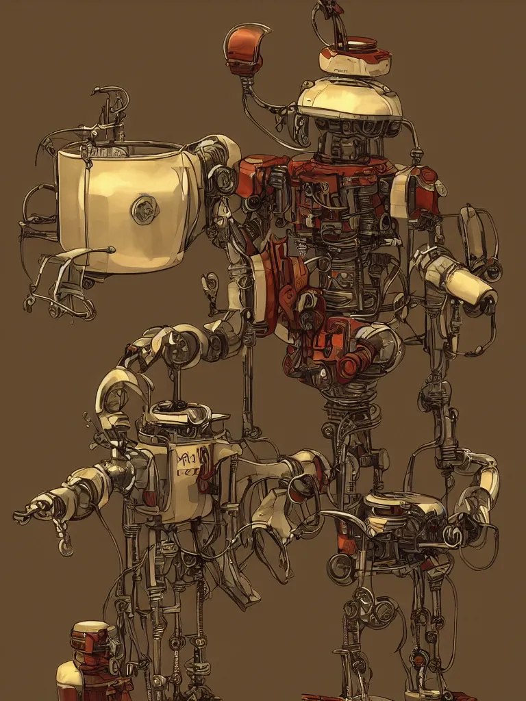 Prompt: full-length portrait of a singular old mechanical robot offering a cup of steaming coffee, by Simon Stalenhaag, sharp focus, fresh colors, deviantart, conceptart