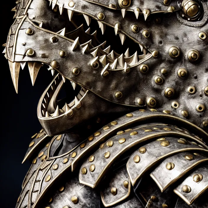 Image similar to photo of a warrior with metal crocodile themed armour, highly detailed, 4 k, hdr, smooth, sharp focus, high resolution, award - winning photo