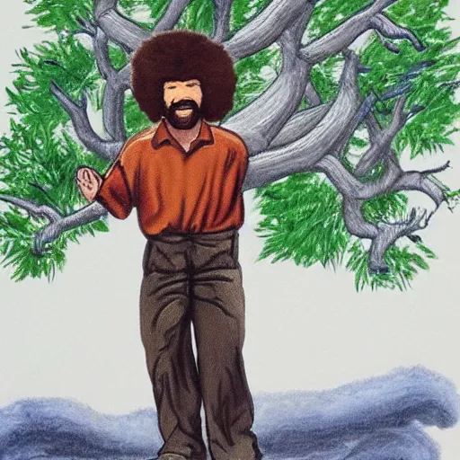 Image similar to screaming bob ross in shape of a tree