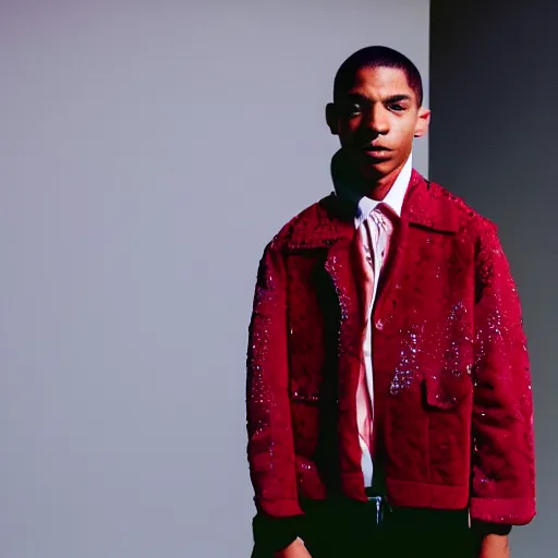 Prompt: realistic photoshooting for a new raf simons lookbook color film photography portrait of a beautiful woman model wearing a workwear jacket, photo in style of tyler mitchell