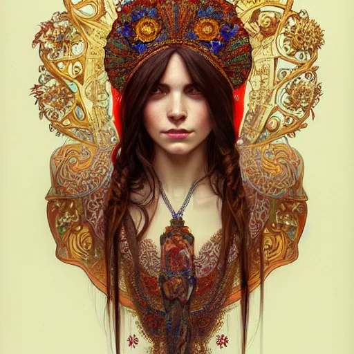 Prompt: a portrait of a female, upper half portrait, decorated with russian motifs, russian shaman, siberia, traditional russia, intricate, elegant, highly detailed, symmetry, headpiece, digital painting, artstation concept art smooth sharp focus, illustration, art by artgerm and greg rutkowski alphonse mucha 8 k