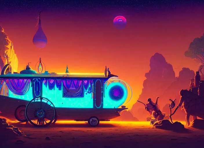 Image similar to a luminescent gypsy caravan by paolo eleuteri serpieri and tomer hanuka and chesley bonestell and daniel merriam and tomokazu matsuyama, unreal engine, high resolution render, featured on artstation, octane, 8 k, highly intricate details, vivid colors, vector illustration