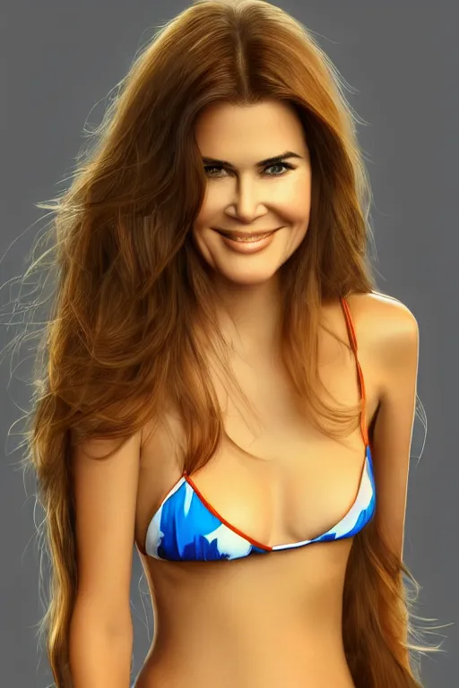 Image similar to mix of beautiful young maria shriver, mariel hemmingway, brooke shields, nicole kidman and elle macpherson as a young bikini model, thin lips, hair tied up in a pony tail, dark blonde hair, colorful, artstation, cgsociety