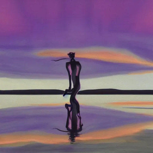 Prompt: purple sunset limbo with a polished sphare of a demonic walking on water, the sky falls to the ground, high detail