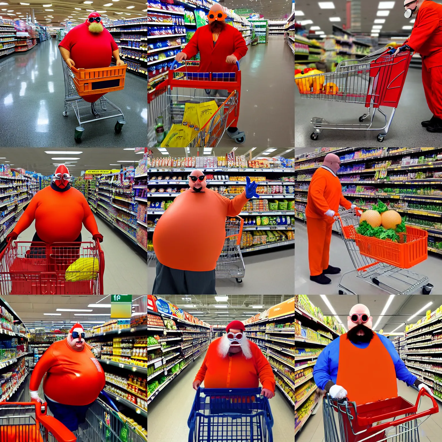 Prompt: dr. robotnik cosplay pushing a shopping cart at a supermarket, wearing goggles, bald, long and orange mustache, red uniform, overweight, realistic photograph