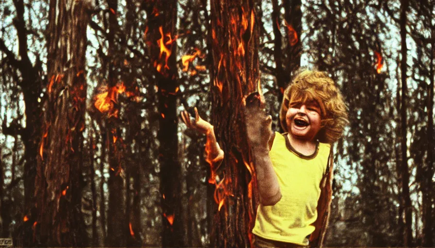 Image similar to 7 0 s film still from a horror movie about a burning tree and a laughing kid, kodachrome, cinecolor, cinestill, film grain, film texture, retro, cinematic, high resolution, photorealism,