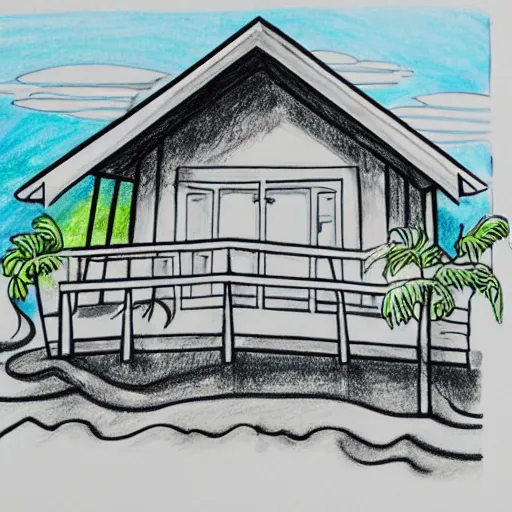 Image similar to imaginative drawing of a beach house, black ink outline, cel - shading, water color