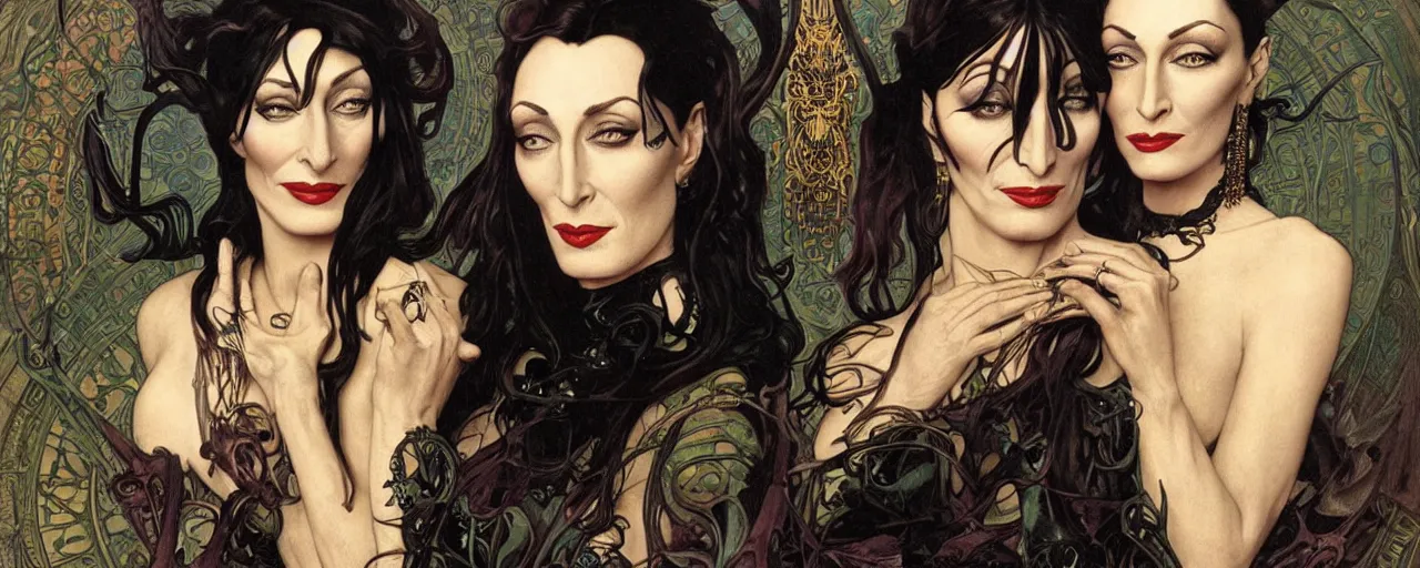 Image similar to stunning exotic art nouveau portrait of anjelica huston and morticia addams as industrial dieselpunk queens of the night by glenn fabry, simon bisley and alphonse mucha, photorealism, extremely hyperdetailed, perfect symmetrical facial features, perfect anatomy, ornate declotage, spikes, latex, confident expression, wry smile, sinister eyes