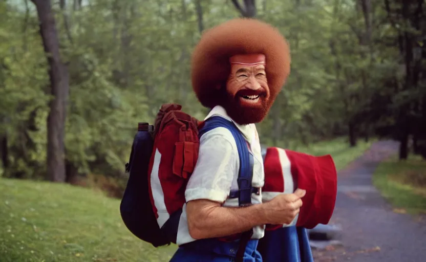 Prompt: cinestill 5 0 d candid photographic portrait by helen levitt of a smiling bob ross as captain america, modern, bright, emotional cinematic, on a green hill, 8 k, hd, high resolution, 3 5 mm, f / 3 2, ultra realistic faces, ex machina