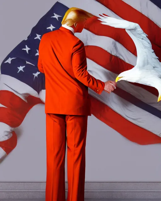 Image similar to Medium Shot Donald Trumps wearing orange pajamas kissing an american eagle, octane, dramatic lighting, editorial photo, 35mm, very detailed