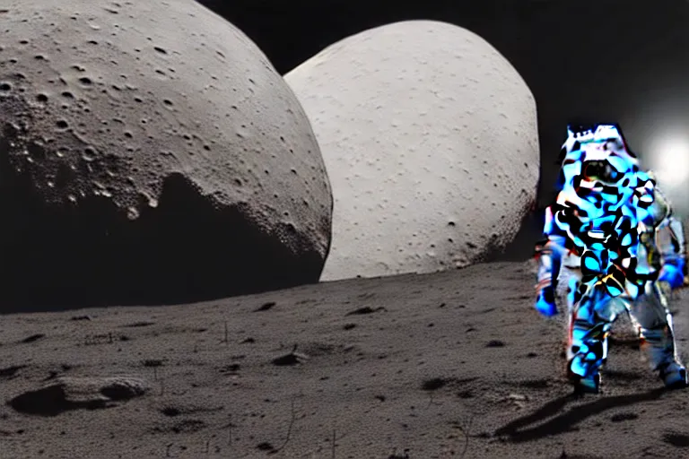 Image similar to still photo of astronaut walking on the surface of moon, black and white color aesthetics, highly detailed, photorealistic portrait, bright studio setting, studio lighting, crisp quality and light reflections, unreal engine 5 quality render