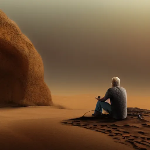 Prompt: A man sitting in the desert at a computer, explosions in the background, digital art, artstation, hyperdetalied, high rendering, high quality, 8k,