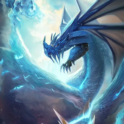 Prompt: a blue eye white dragon, yu - gi - oh card game art, battlefield background, bright art masterpiece artstation. 8 k, sharp high quality artwork in style of jose daniel cabrera pena and greg rutkowski, concept art by tooth wu, blizzard warcraft artwork, hearthstone card game artwork, yugioh artwork