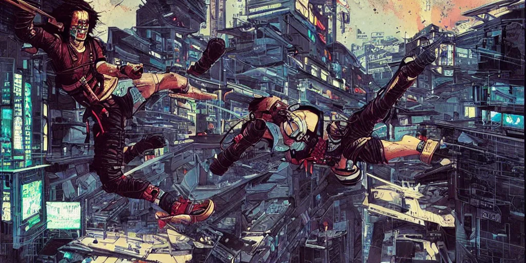 Image similar to Cyberpunk ninja roundhouse kick. Epic painting by James Gurney and Laurie Greasley.