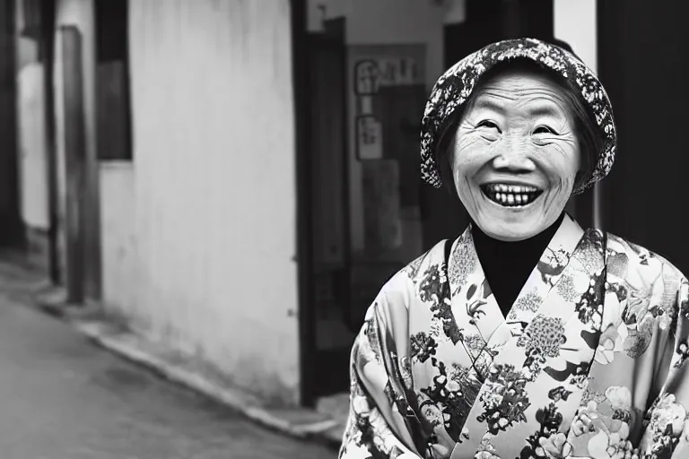 Image similar to still photo of a japanese old woman smiling at the camera wearing a kimono on a street, black and white color aesthetic, highly detailed, photorealistic portrait, bright studio setting, studio lighting, crisp quality and light reflections, unreal engine 5 quality render