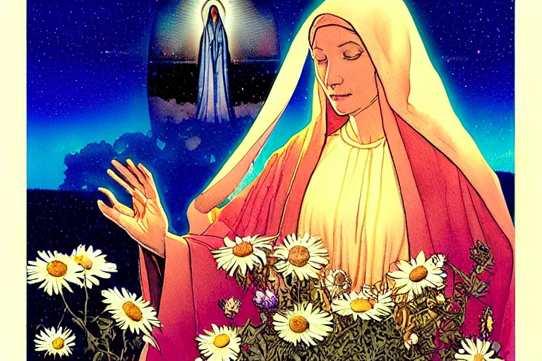 Prompt: a hyperrealist watercolour character concept art portrait of the blessed mother mary on well lit night in las vegas, nevada. there is a ufo. roses and daisies adorn. by rebecca guay, michael kaluta, charles vess and jean moebius giraud