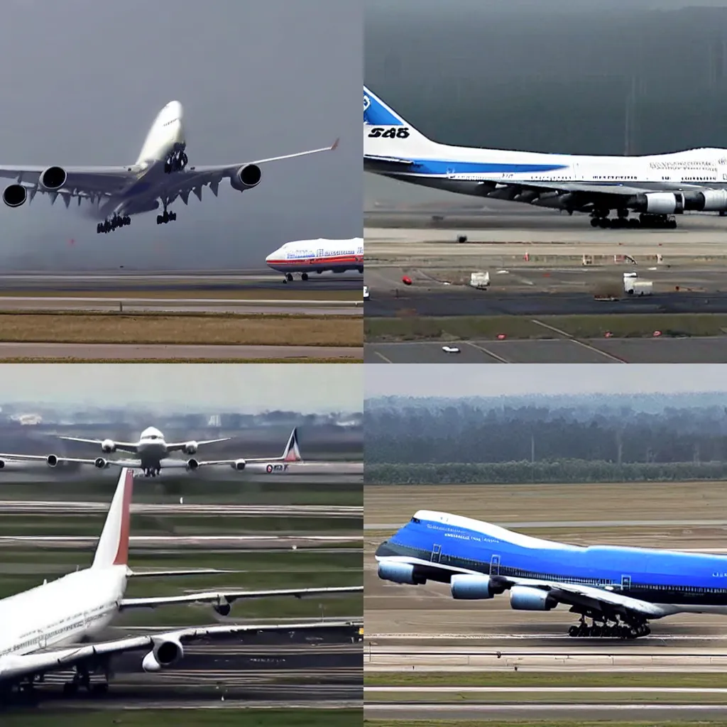 Prompt: Boing 747 takes off moments before colliding into oncoming airliner
