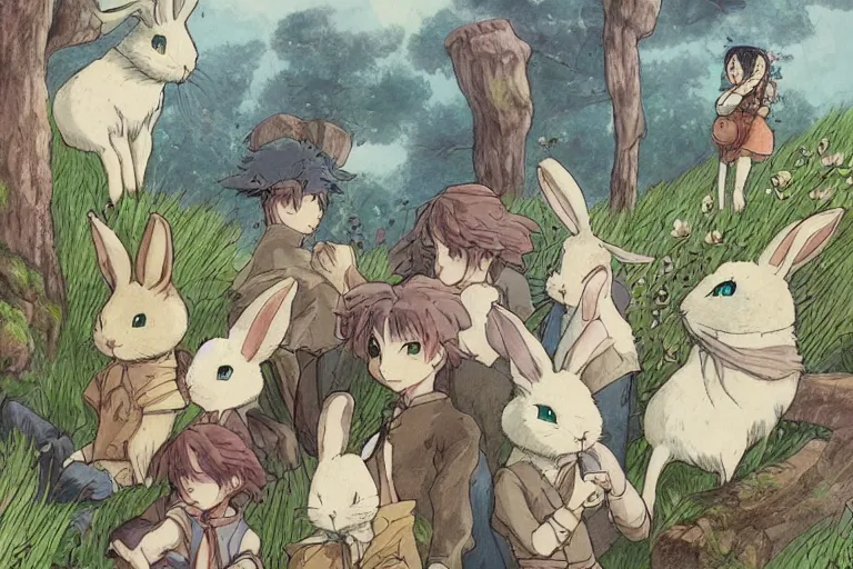 Prompt: beautiful art illustration of a group of rabbits by studio ghibli, anime, highly detailed