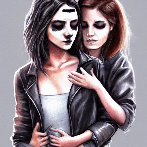 Image similar to Hot young woman, grey skin, void eyeballs, tattoos, wearing a leather jacket, hugging a shrouded person as they cry on her chest, comforting, touching, wholesome, art, watercolour, big sister, little brother, 4k concept art, digital art