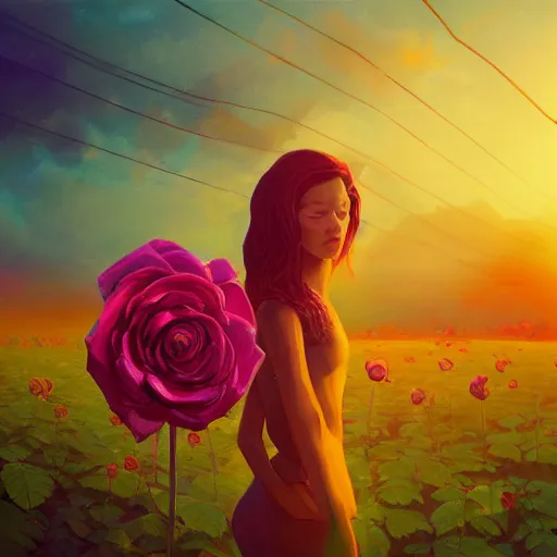 Prompt: closeup, huge rose flower head, frontal, a girl in suit, surreal photography, sunrise, dramatic light, impressionist painting, digital painting, artstation, simon stalenhag