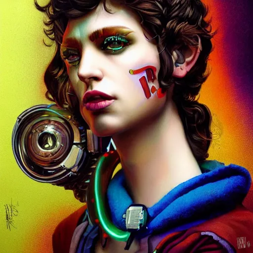 Image similar to Lofi cyberpunk portrait beautiful woman with short brown curly hair, roman face, rainbow, Pixar style, Tristan Eaton, Stanley Artgerm, Tom Bagshaw