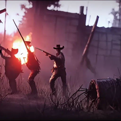 Prompt: hunt showdown western weapons burning city cinematic highly detailled