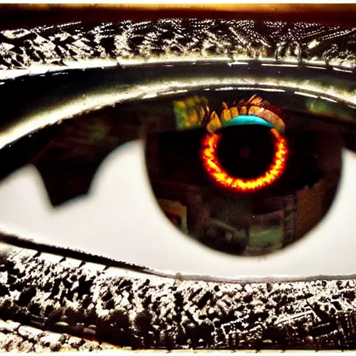 Image similar to The eye of a dragon, high quality, reflection of a city in the eye