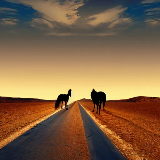 Prompt: lone cowboy walking his horse down a road into the sunset, desert, real photo, photo realism, sad