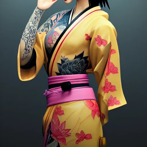 Image similar to an android geisha in a lotus position wearing a flowing kimono and tattoos, octane render, unreal engine, 8 k, cinematic, artwork by ilya kuvshinov