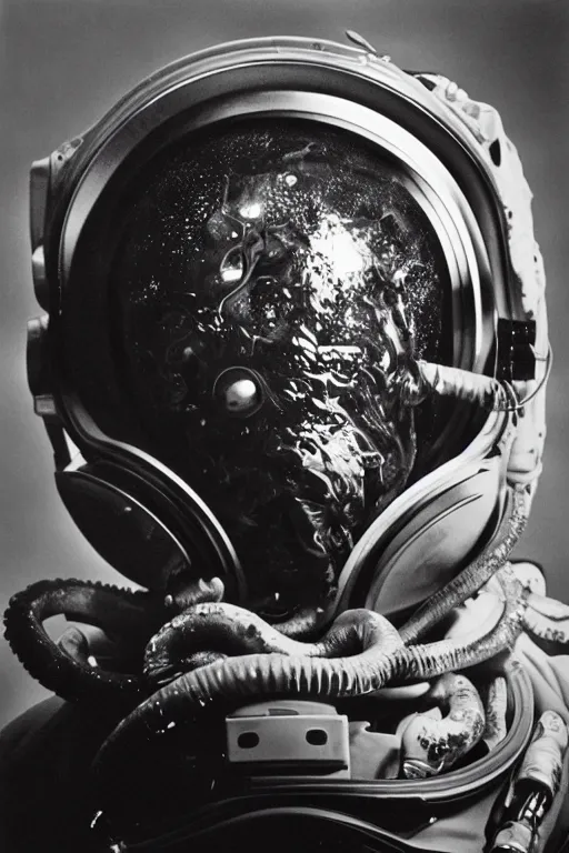 Image similar to extremely detailed studio portrait of space astronaut, alien tentacle protruding from eyes and mouth, slimy tentacle breaking through helmet visor, shattered visor, full body, soft light, plain studio background, disturbing, shocking realization, award winning photo by yousuf karsh