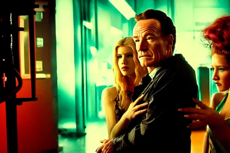 Image similar to film still of bryan cranston and kesha and a cyborg woman in cosmic horror! the musical by david cronenberg, budapest street background, 3 5 mm film, atmospheric, ultra fine detail, film grain, photorealistic, hyperrealistic dramatic lighting