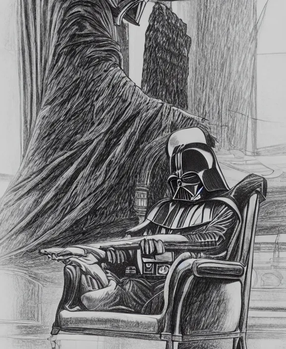 Image similar to a detailed fineliner drawing of darth vader relaxing in an armchair