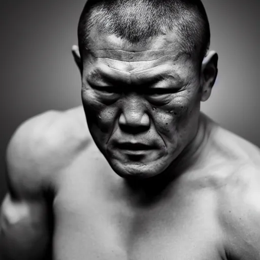 Image similar to minoru suzuki after a match, black and white, photographic, photoreal, in the style of Stanley Kubrick, 4k, award-winning, rendered in Octane, rendered in Unreal engine