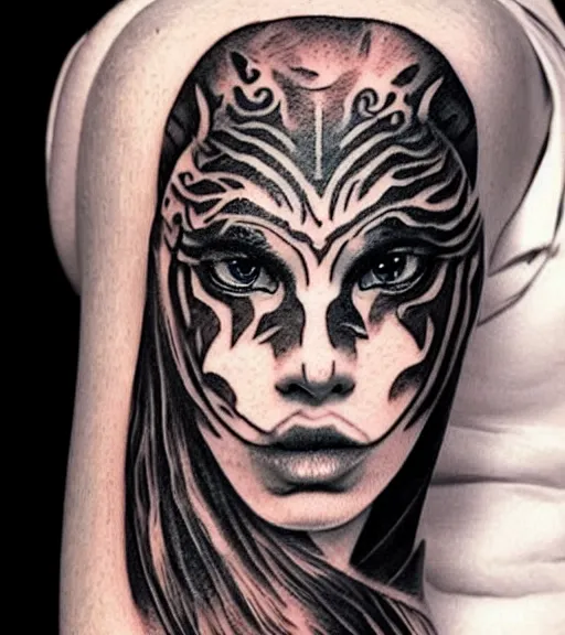 Image similar to tattoo design of a beautiful girl warrior under a tiger head, hyper realistic, realism tattoo, by eliot kohek, beautiful eyes, realistic face, black and white, white background