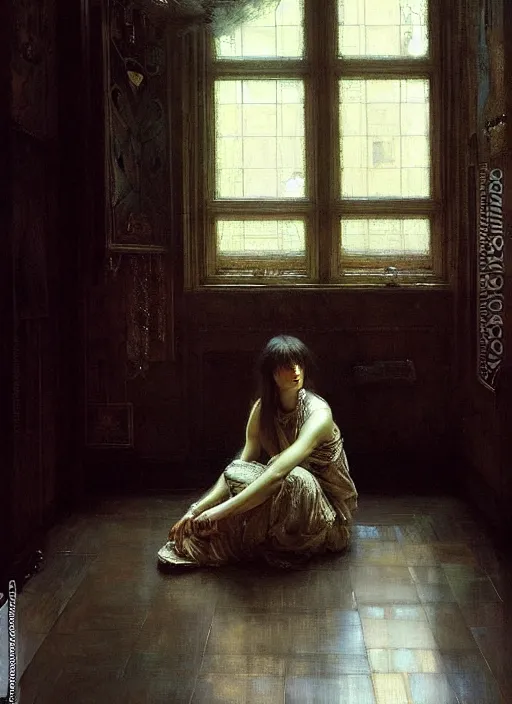 Prompt: a portrait of beautiful woman sitting in the floor, inside a modern apartment, intricate oil painting, hyperdetailed, ominous, ethereal, dramatic lighting, by jeremy mann and ruan jia and lawrence alma - tadema