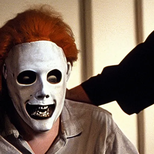 Prompt: Michael Myers offers the viewer a hug. Centered, movie still, realistic.