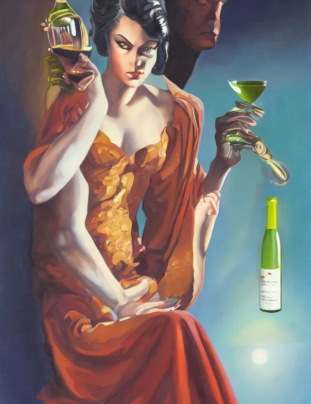Image similar to androgynous deity of starlight and wine. this oil painting by the award - winning pulp artist has interesting color contrasts, plenty of details and impeccable lighting.
